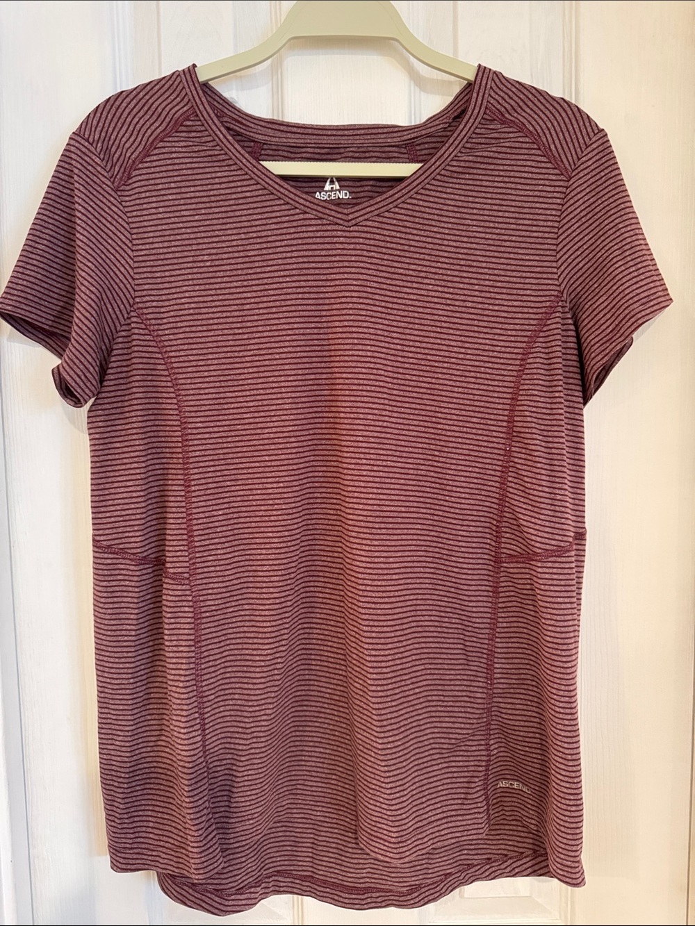 Ascend Women's Burgundy Striped V-Neck Short Sleeve Tee